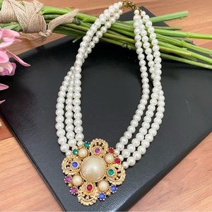 Vintage 3-Strand Faux Pearl Maltese Cross Multicolored Rhinestone Necklace